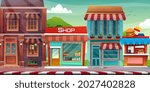 Scene of beautiful cityscape with hight building, shop and street with park, vector illustration