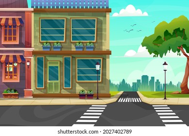 Scene of beautiful cityscape with hight building, shop and street with park, vector illustration