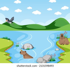 Scene with beavers and bird by the river illustration