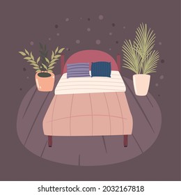 scene of bedroom with bed and plants