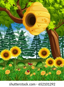 Scene with beehive on the tree illustration