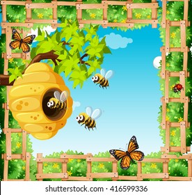 Scene with bees flying around beehive illustration