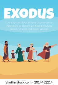 Scene of bible narrative about exodus israelites led by Moses. Old religious biblical story. Flat cartoon vector illustration.