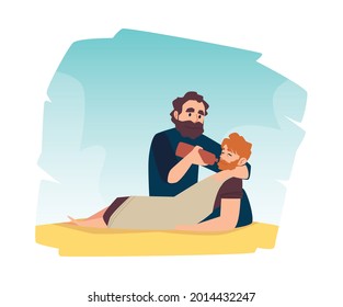 Scene of bible parable about good samaritan help to injured man. Christian religion story of salvation and assistance victim of robbers. Flat cartoon vector illustration.