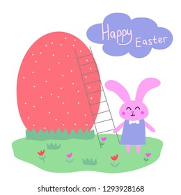 Scene with a big easter egg and a cute pink bunny with the inscription happy easter. for greeting cards, banner design, posters on the subject of Easter. vector illustration