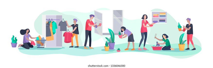 Scene with big family doing housework, kids helping parents with home cleaning, washing dishes, fold clothes, cleaning window, carpet and floor, wipe dust, water flower. Vector illustration cartoon