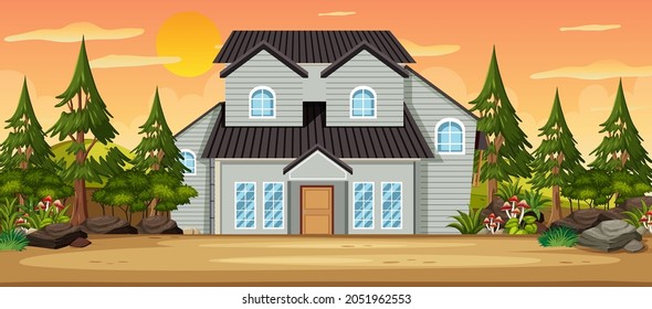 Scene with a big house surrounded with trees illustration