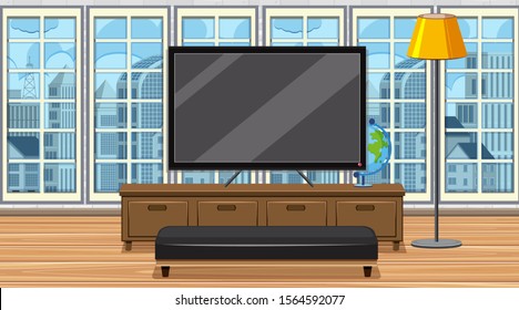 Escena con gran TV y asiento en la ilustración de la habitación