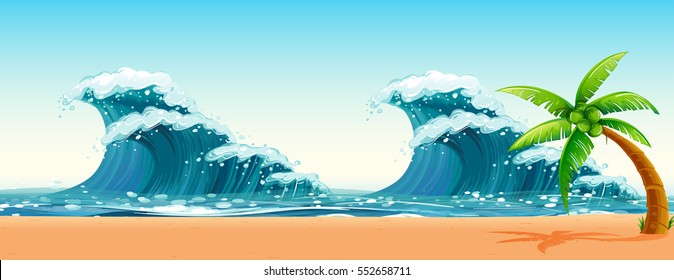 Escena con grandes olas en la ilustración del océano