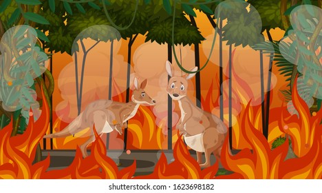 Scene with big wildfire with animal trapped in the forest illustration
