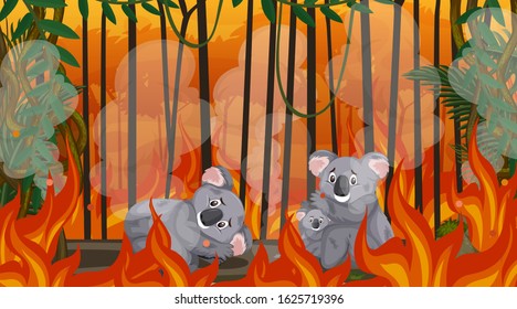 Scene with big wildfire with animal trapped in the forest illustration