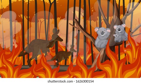 Scene with big wildfire with animal trapped in the forest illustration