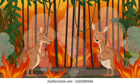 Scene with big wildfire with animal trapped in the forest illustration
