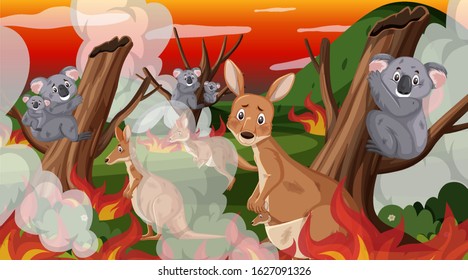 Scene with big wildfire with animal trapped in the forest illustration