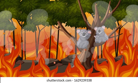Scene with big wildfire with animal trapped in the forest illustration