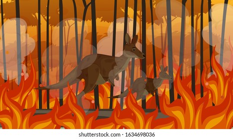 Scene with big wildfire with animal trapped in the forest illustration