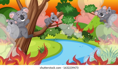 Escena con gran incendio en el bosque lleno de ilustración de koalas