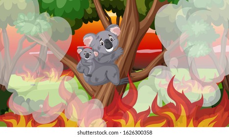 Scene with big wildfire with koalas trapped in the forest  illustration