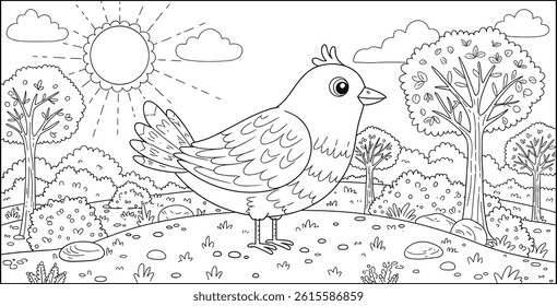 scene with bird, trees and sun easy coloring page for kids and adults.