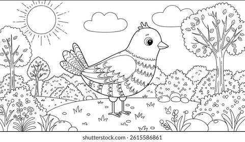scene with bird, trees and sun easy coloring page for kids and adults.