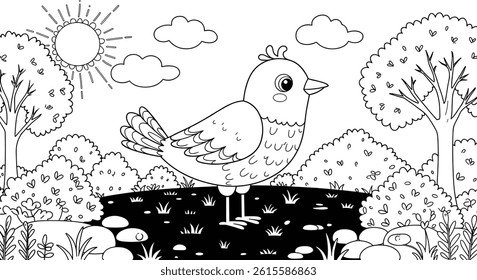 scene with bird, trees and sun easy coloring page for kids and adults.
