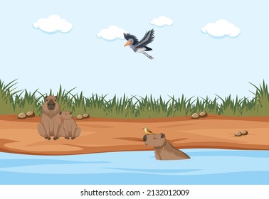 Scene with bird and wombats in water illustration