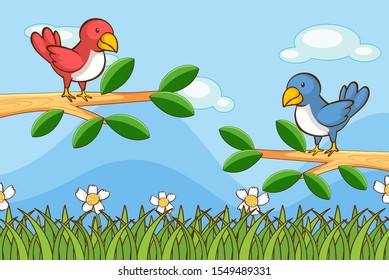 Scene Birds On Branches Illustration Stock Vector (Royalty Free ...