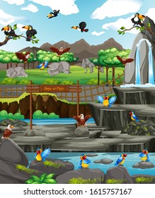 Scene with birds at the zoo illustration