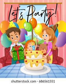 Scene with birthday party with family illustration