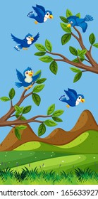 Scene with blue birds flying over the field illustration