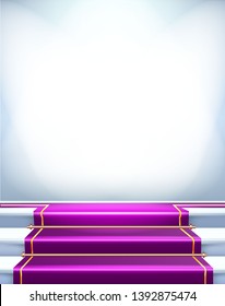 scene with blue carpet and three stage. Realistic vector pedestal