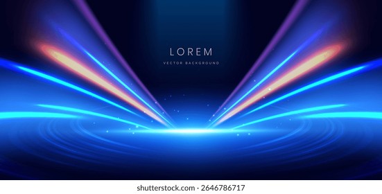 Escena de luz azul sobre fondo oscuro con efecto brillante. Concepto de diseño de fondo futurista. Ilustración vectorial