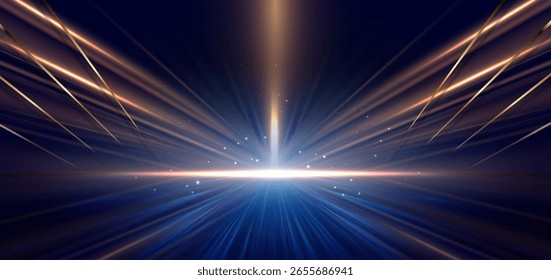 Escena de luz azul sobre fondo oscuro con efecto dorado brillante. Concepto de diseño de fondo futurista. Ilustración vectorial