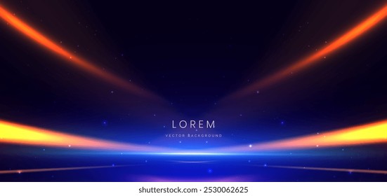 Scene blue light ray background with gold curved effect light ray and dot sparkle. Template technology design. Vector illustration