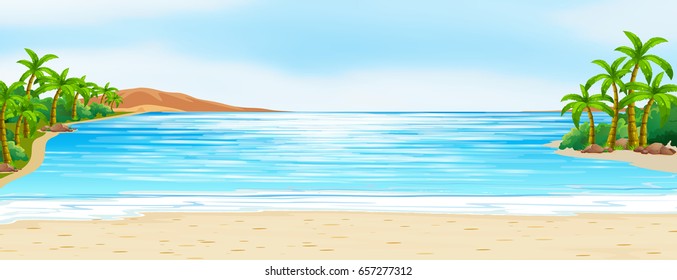 Scene with blue ocean and white sand illustration