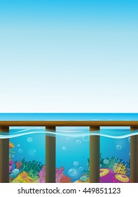 Scene with blue sea and underwater illustration