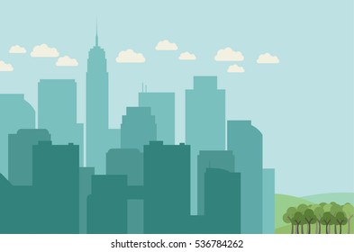 Scene with blue silhouettes of city buildings on one side and green trees and hills on another - flat vector illustration