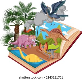 Scene in book with dinosaurs in forest illustration