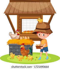 Scene with boy collecting eggs on the farm illustration