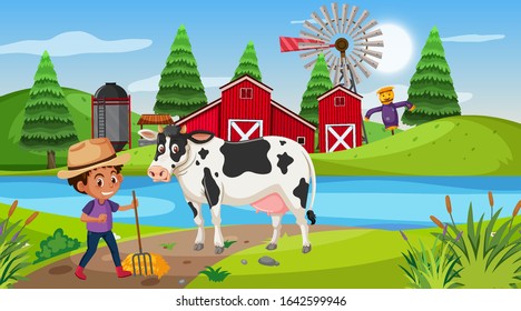 Scene with boy and cow on the farm illustration