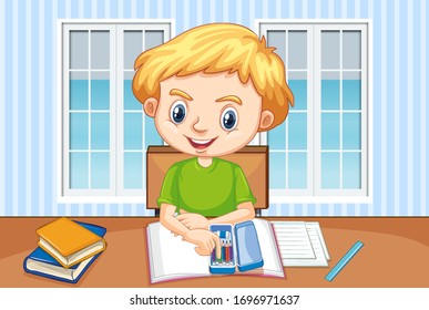 Scene with boy doing homework at home illustration