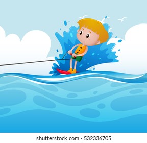 Scene with boy doing water ski illustration
