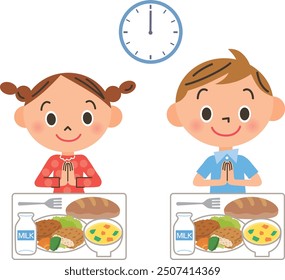 A scene of a boy and girl at elementary school having lunch