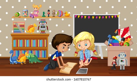 Scene with boy and girl playing in the room illustration