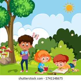 Scene with boy and girl reading in the park illustration