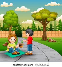 Scene with a boy give money to a beggar