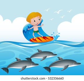 Scene with boy on surfboard and dolphin underwater illustration