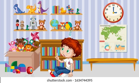 Scene with boy playing alone in the room illustration