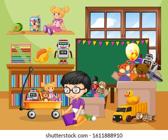 Scene with boy playing with many toys in the room illustration