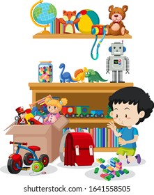 Scene with boy playing toys in the room illustration
